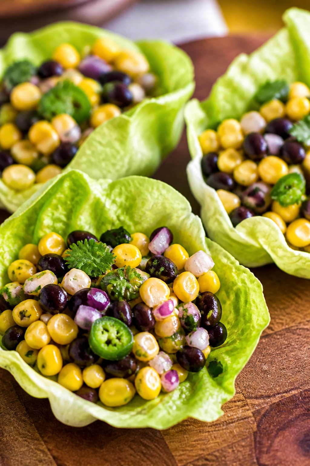 Colorful corn and black bean salad filling crisp lettuce cups.