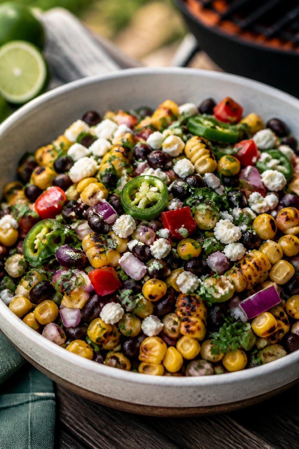Close-up of grilled corn and black bean salad on outdoor table