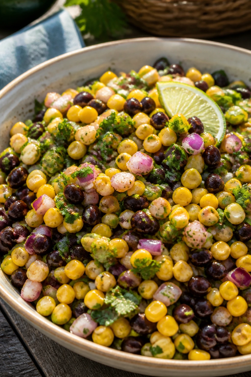 Close-up of corn and black bean salad in a bowl on a picnic table
