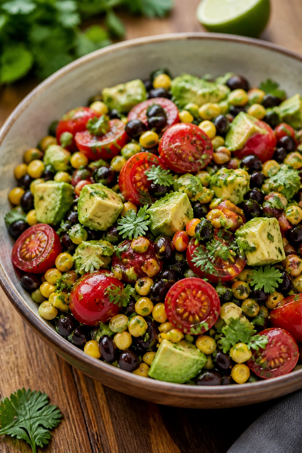 Bright corn black bean tomato avocado salad close-up