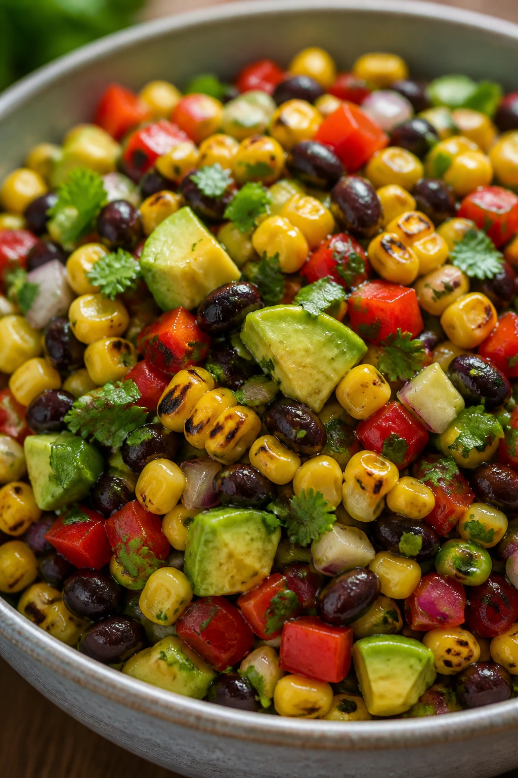 Bowl of charred corn and black bean salad with avocado and cilantro outdoors