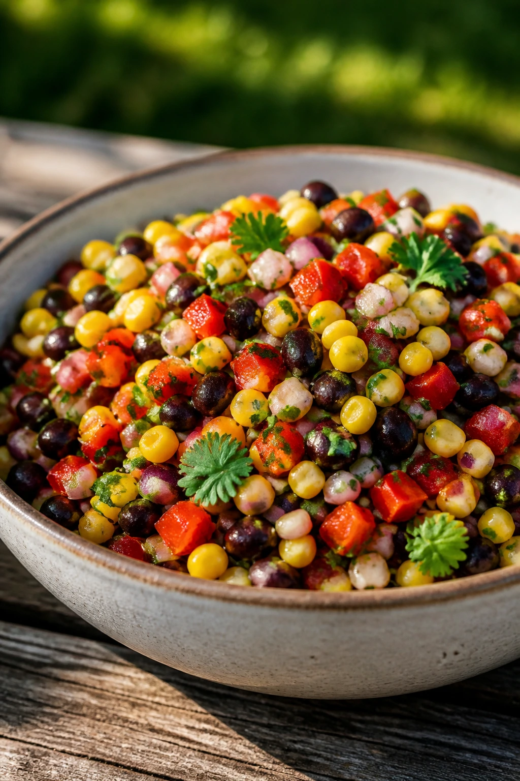Close-up of corn and black bean salad in a bowl at a picnic