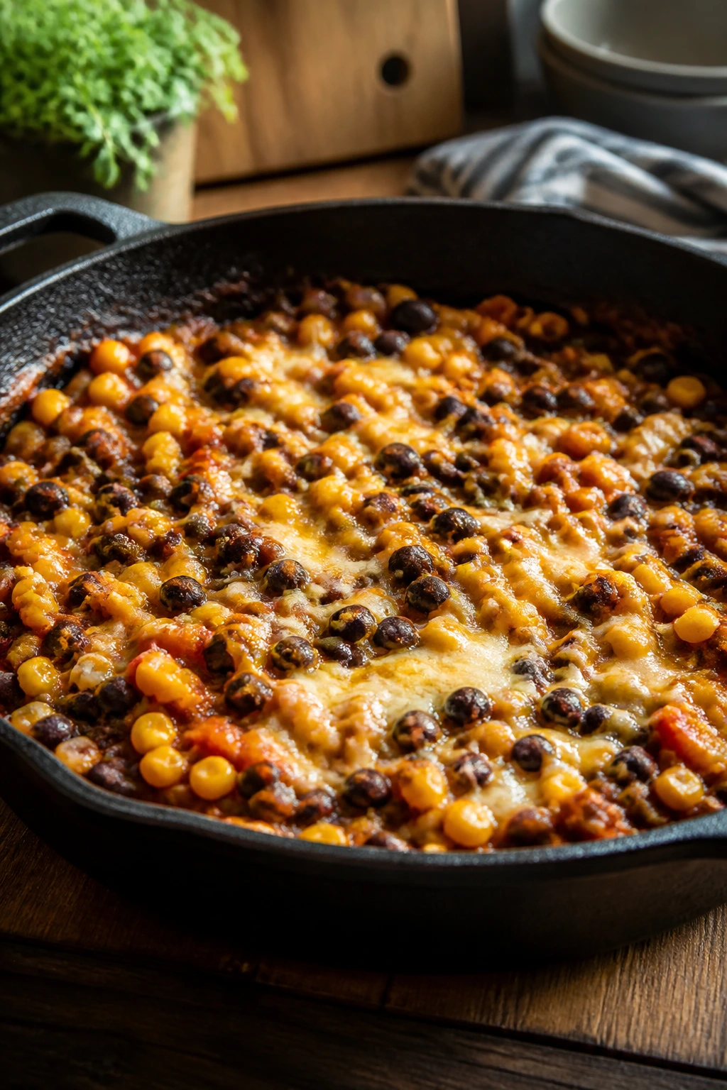 Skillet of corn, black beans, and salsa with melted cheese.