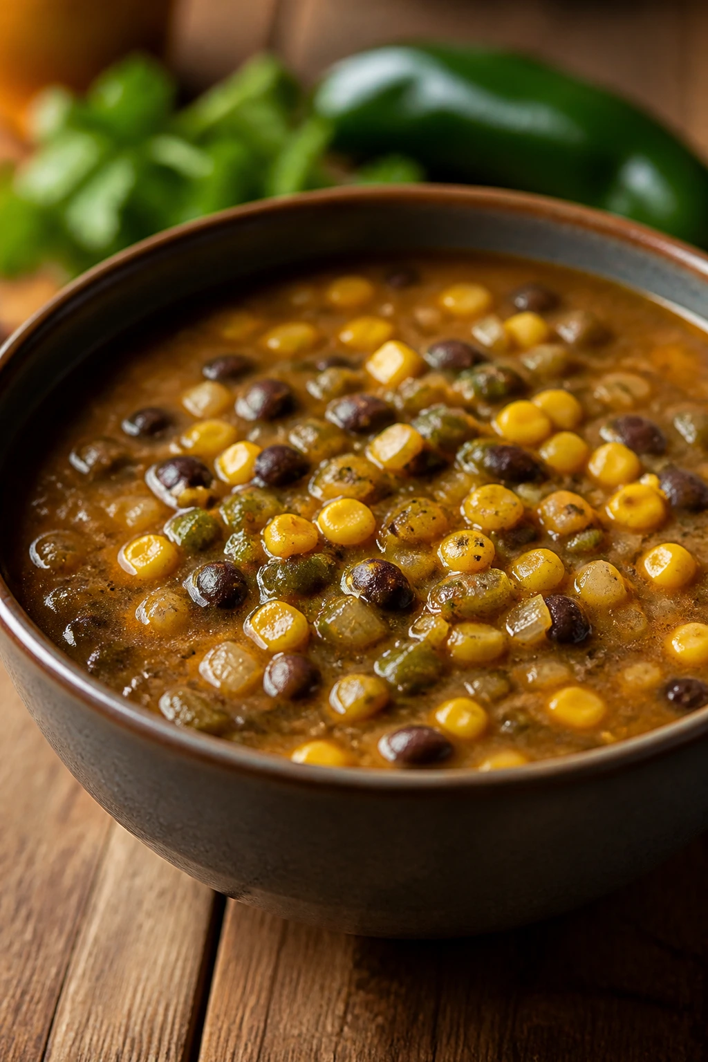 Corn and Black Bean Soup in a deep bowl on a wooden table