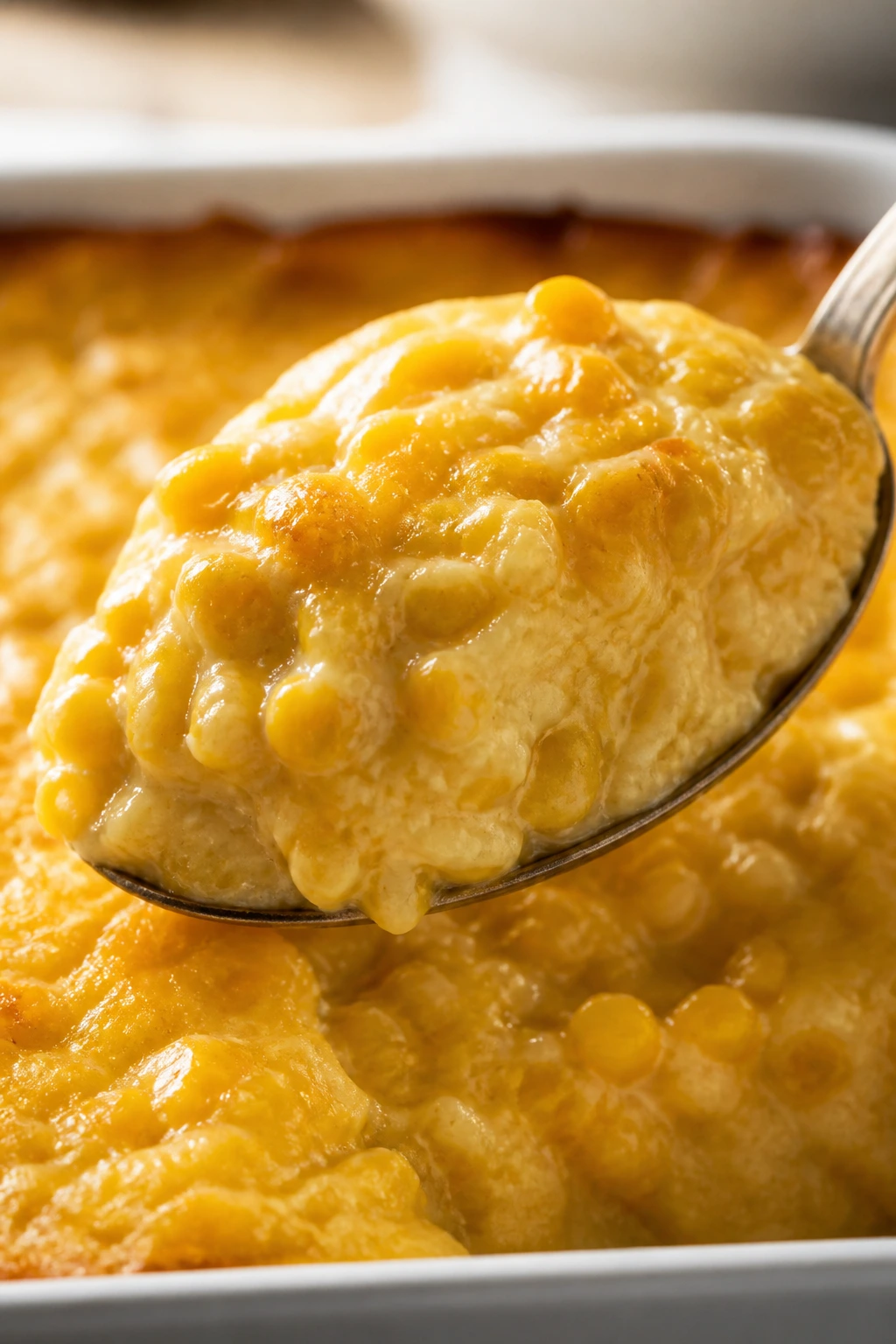 Spoonful of creamy corn casserole with corn kernels