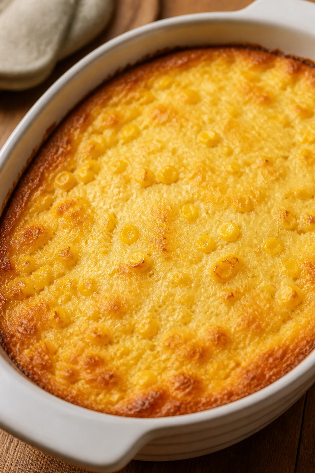 Close-up of corn casserole with golden edges in a baking dish