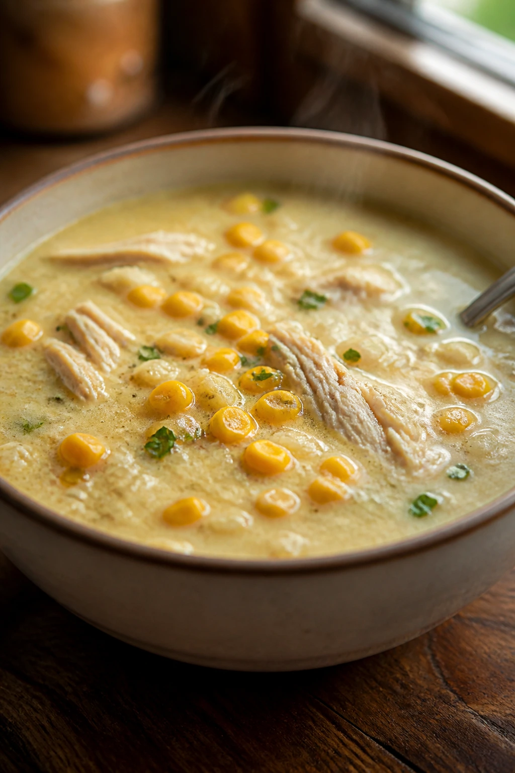 Steaming bowl of creamy corn and chicken soup with visible corn and chicken chunks