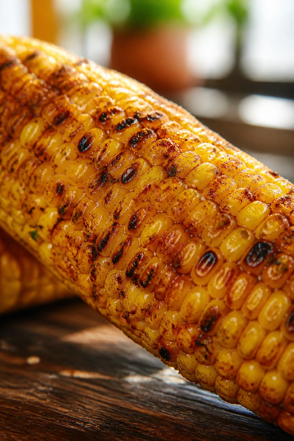 Close up of chili lime corn on the cob in a sunlit kitchen