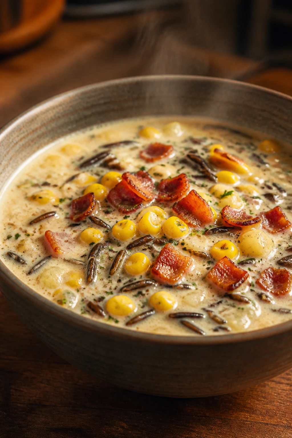 Close-up of corn bacon wild rice chowder in a bowl