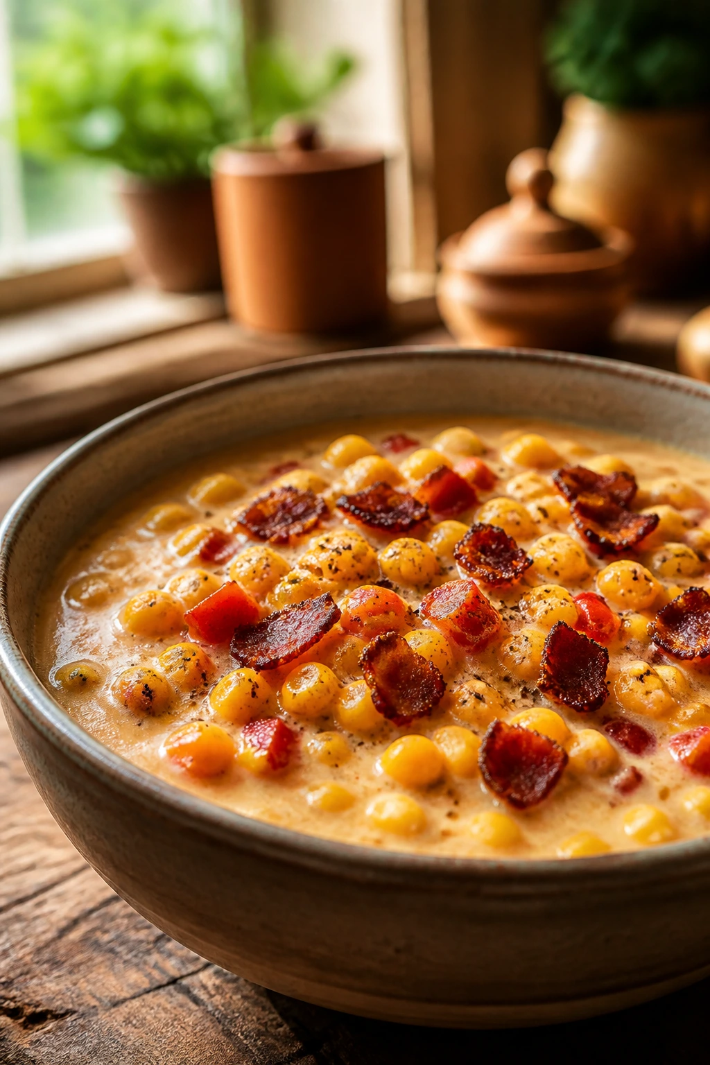 Creamy corn chowder with bacon and red pepper in a bowl