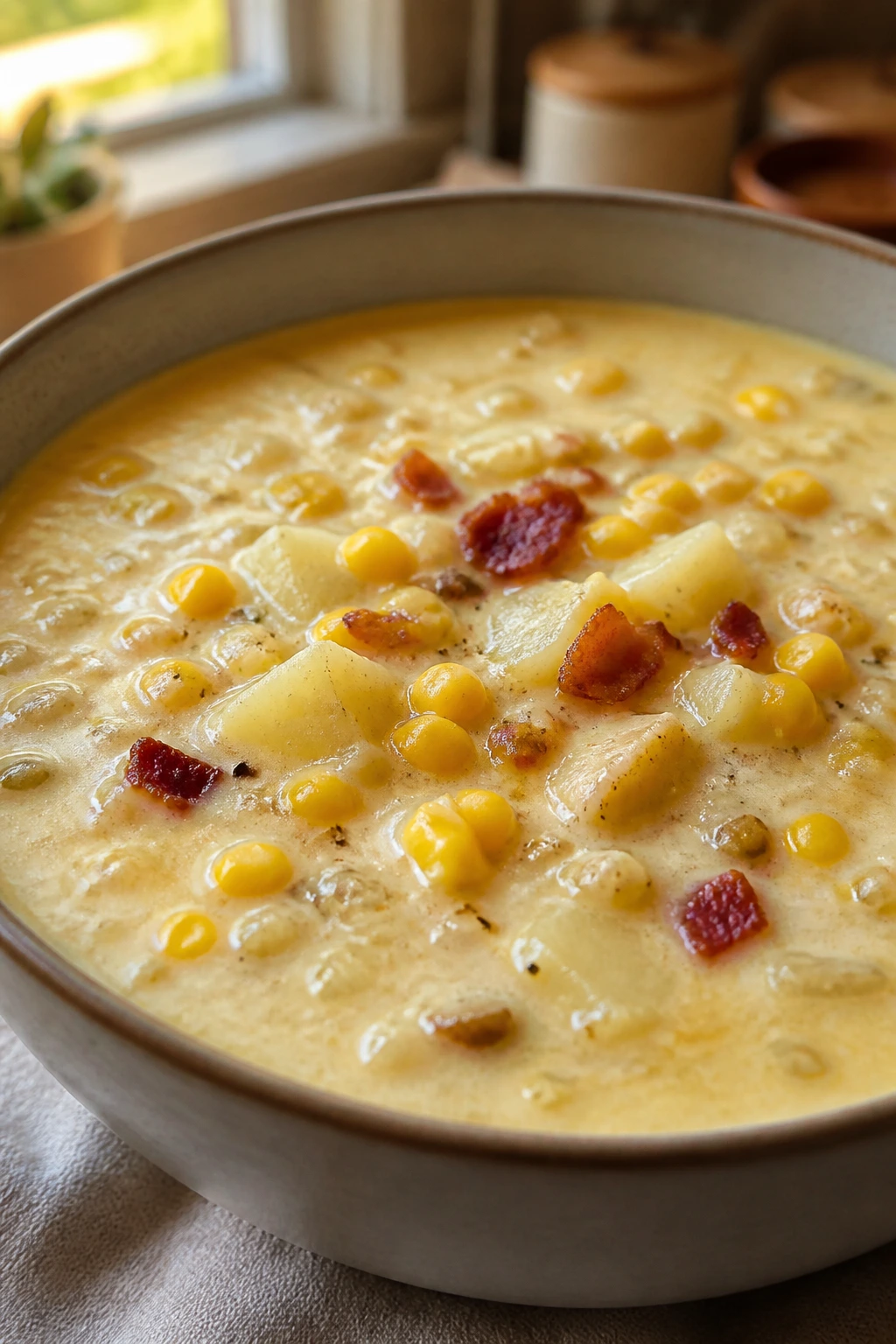 Creamy corn chowder in a bowl with corn kernels and bacon bits in a cozy kitchen