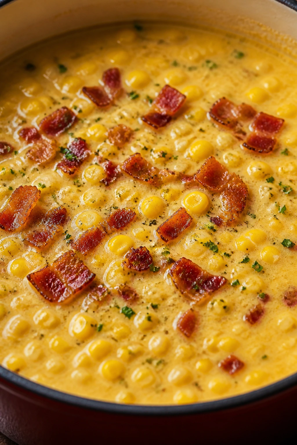 Golden corn chowder with bacon in a bowl