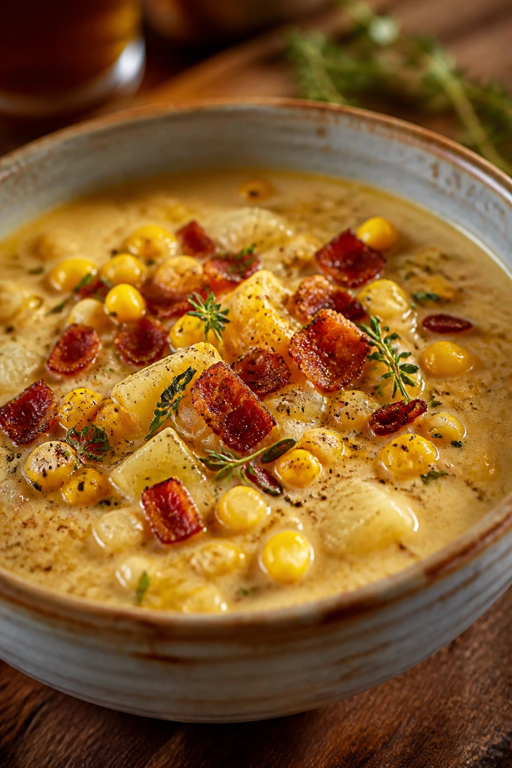 Close-up of Corn Chowder with Bacon in a bowl.