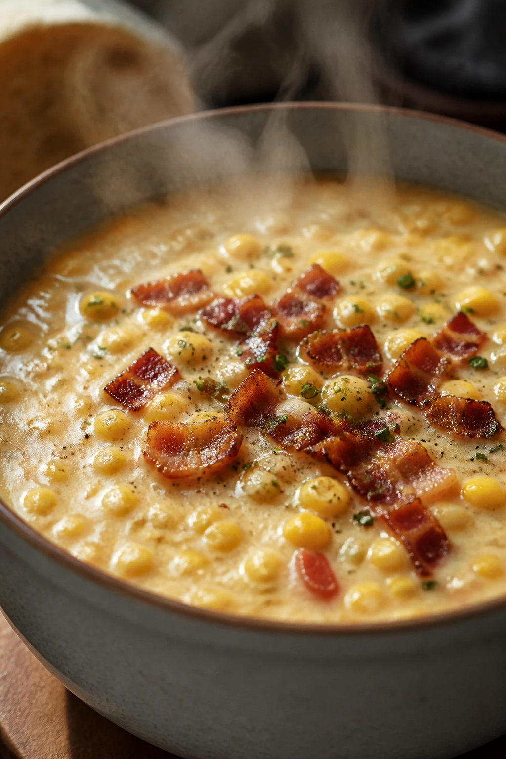 Creamy corn chowder with bacon bits in a bowl on a kitchen counter