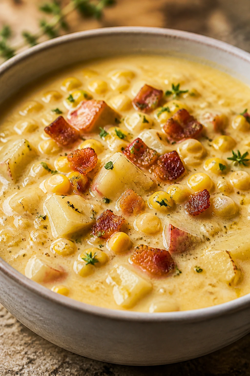Close-up of corn chowder in a bowl with corn kernels and bacon