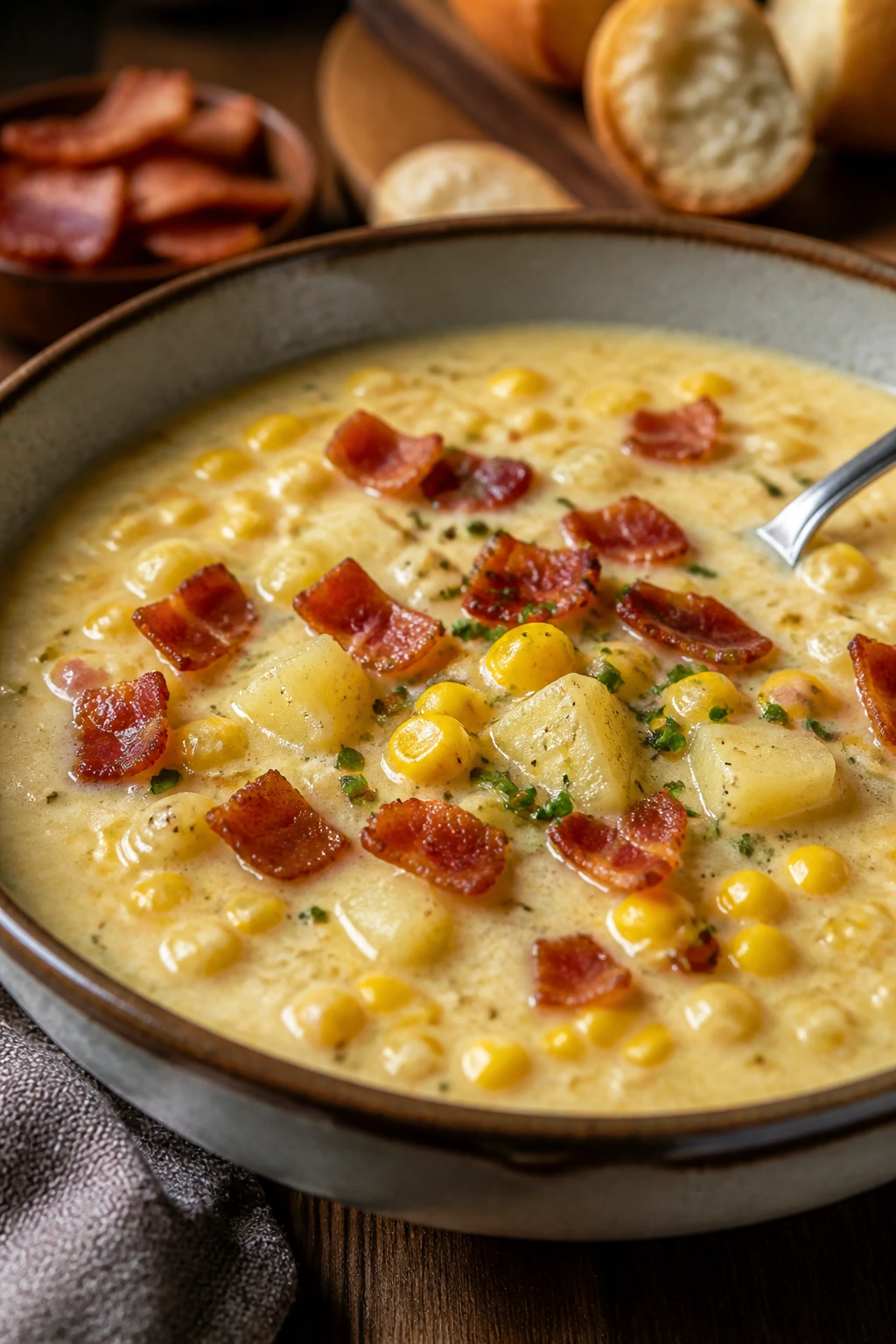 Bright corn chowder with bacon in a bowl on a wooden table