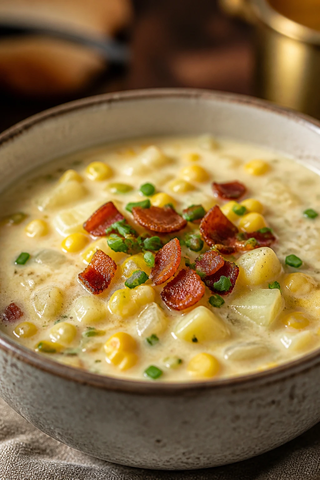 Chowder bowl with bacon, chives, and corn topping
