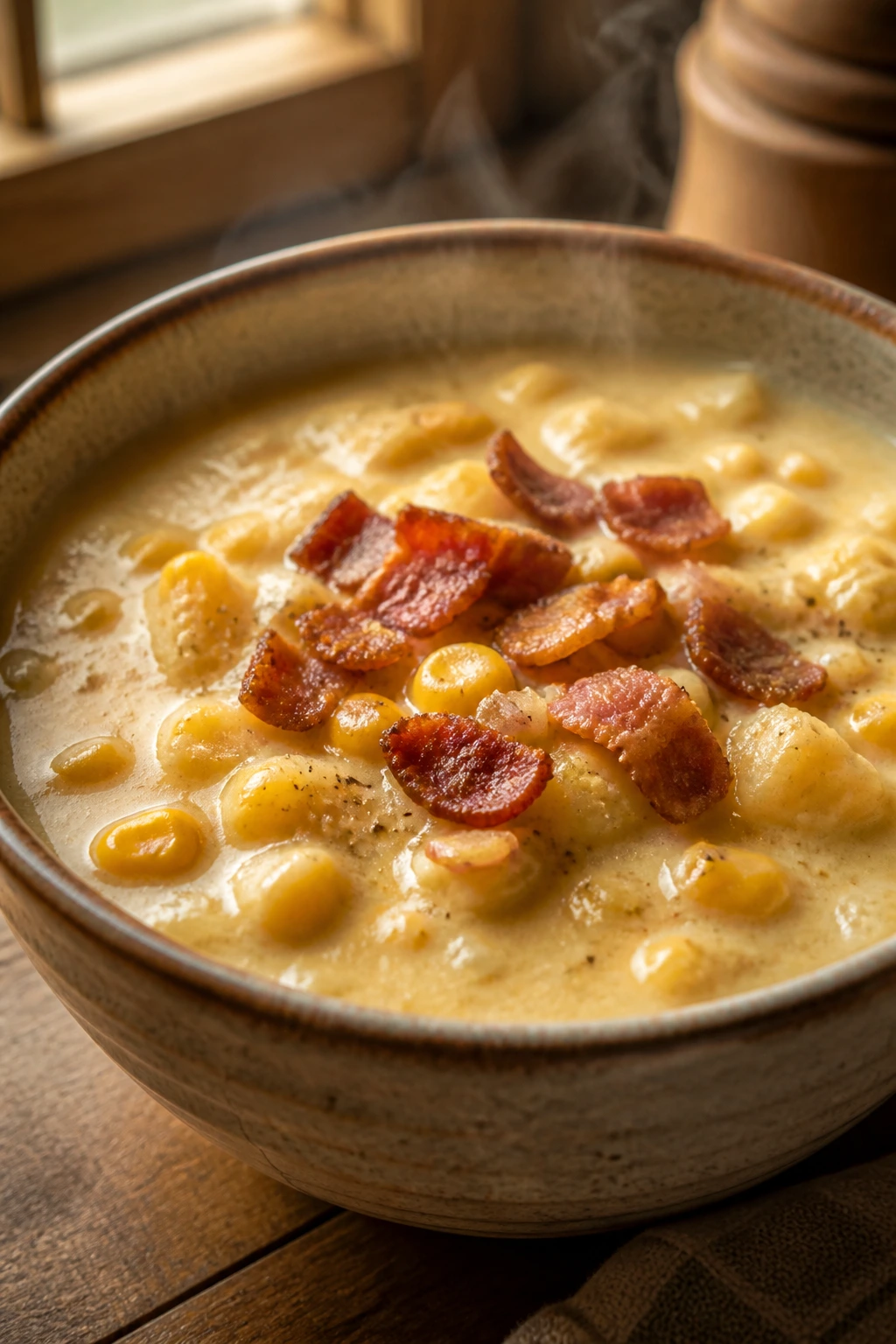 Creamy corn chowder in a rustic bowl with bacon bits on top