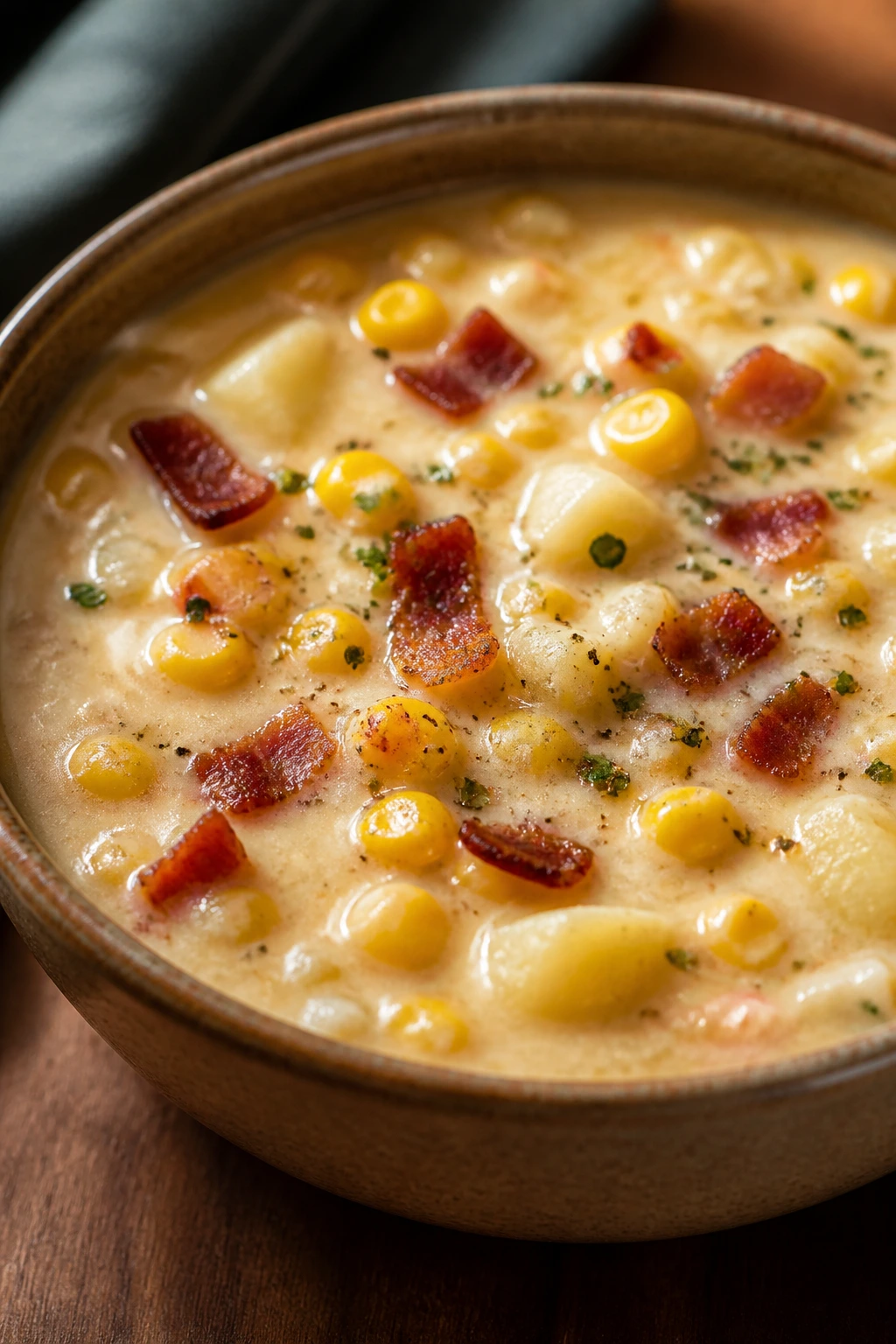 Creamy corn chowder with corn and potatoes in a bowl