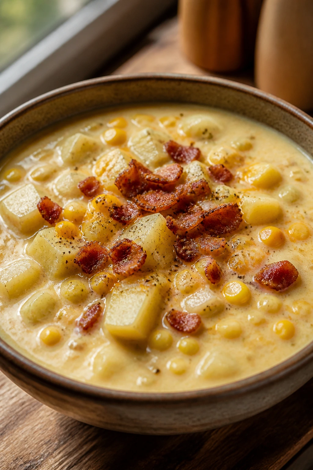 Close-up of creamy corn chowder with bacon and potatoes in a rustic bowl