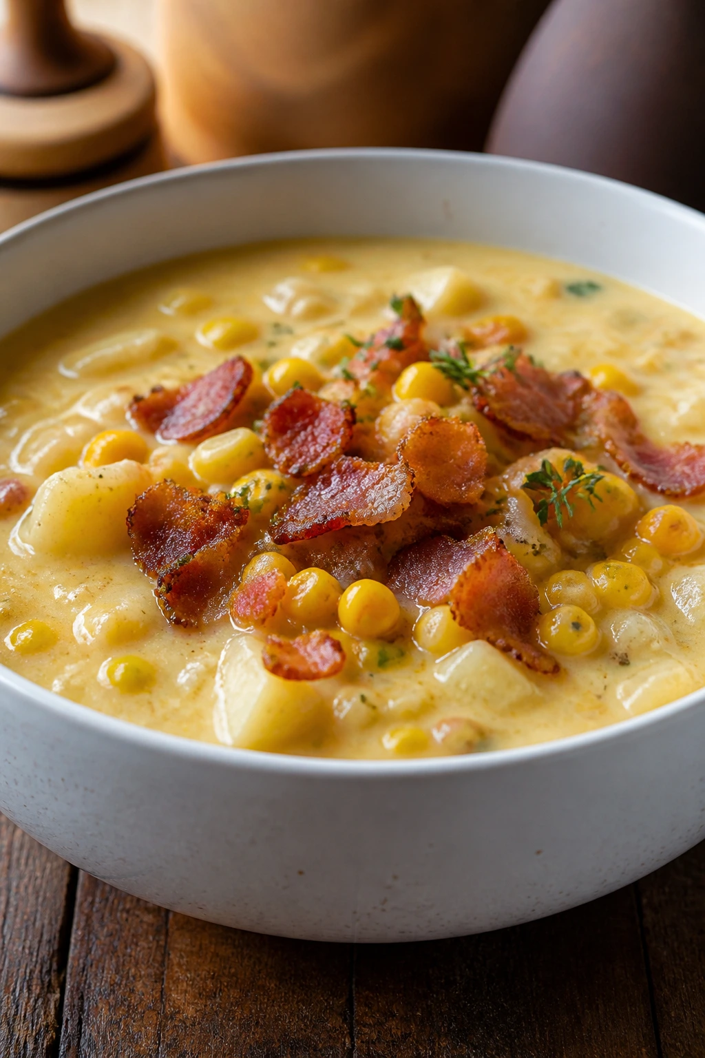 Close-up of creamy corn chowder with bacon and potatoes in a bowl on a wooden table