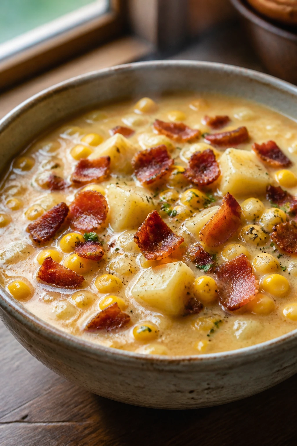 Close-up of creamy corn chowder with bacon in a rustic bowl on a wooden table