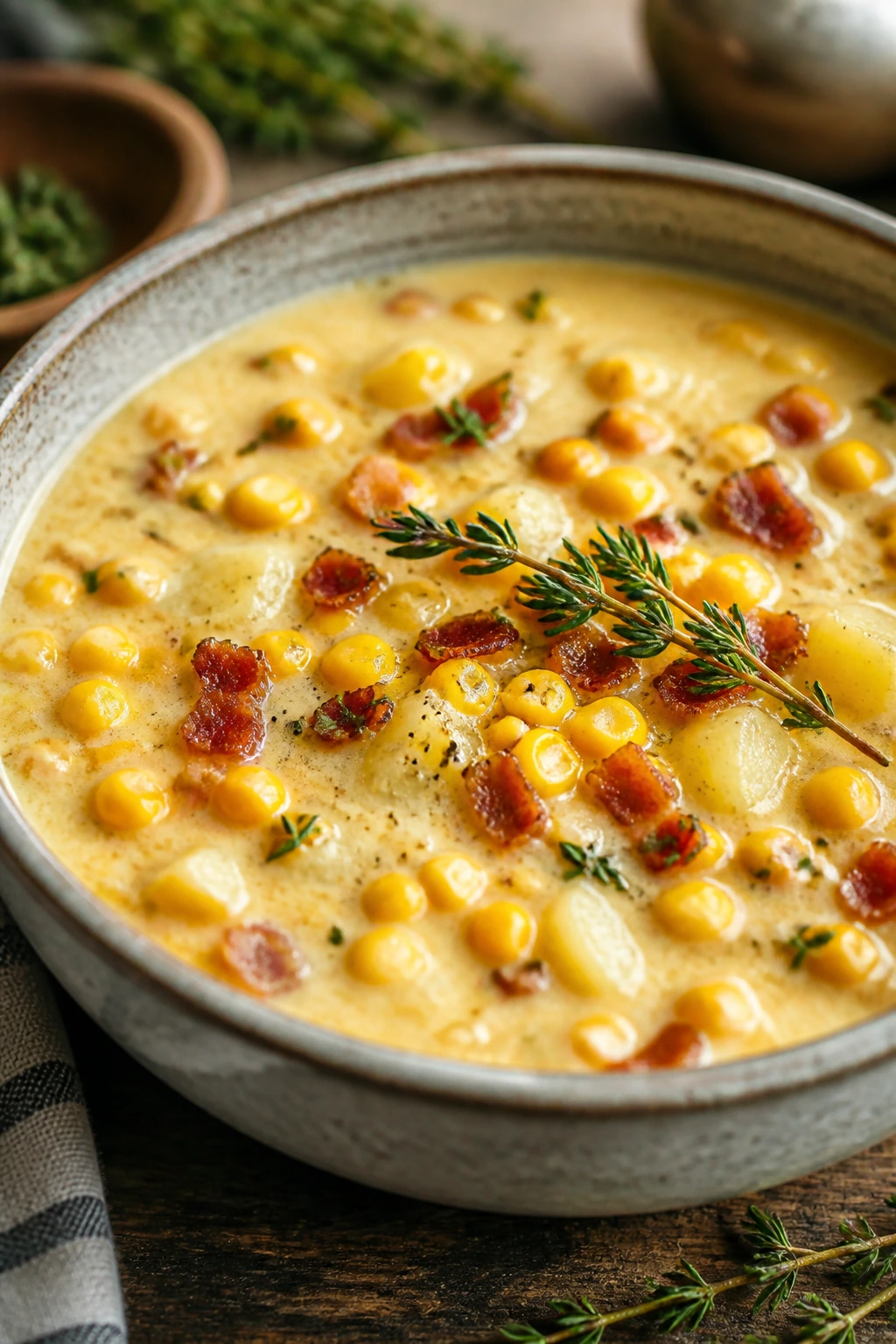 Corn chowder with bacon and thyme in a bowl
