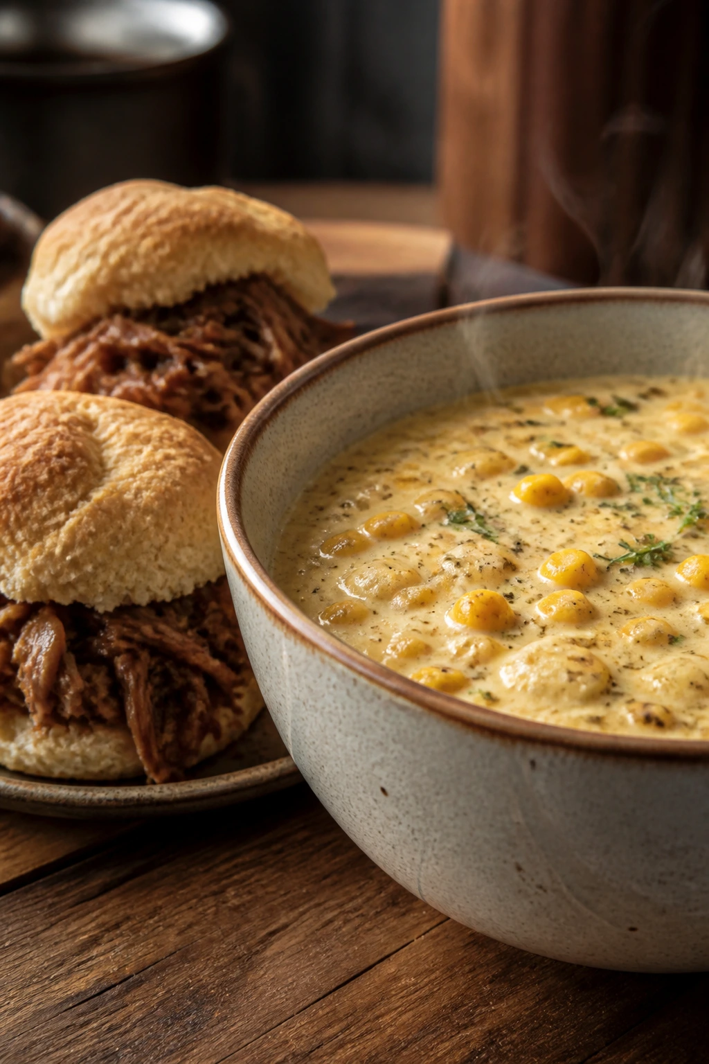 Creamy corn chowder with pulled pork biscuits on a rustic table
