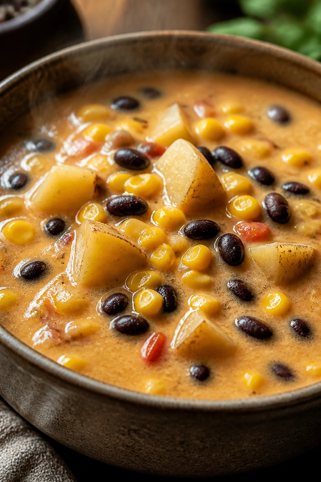 Creamy corn and black bean chowder in a bowl with potatoes and corn