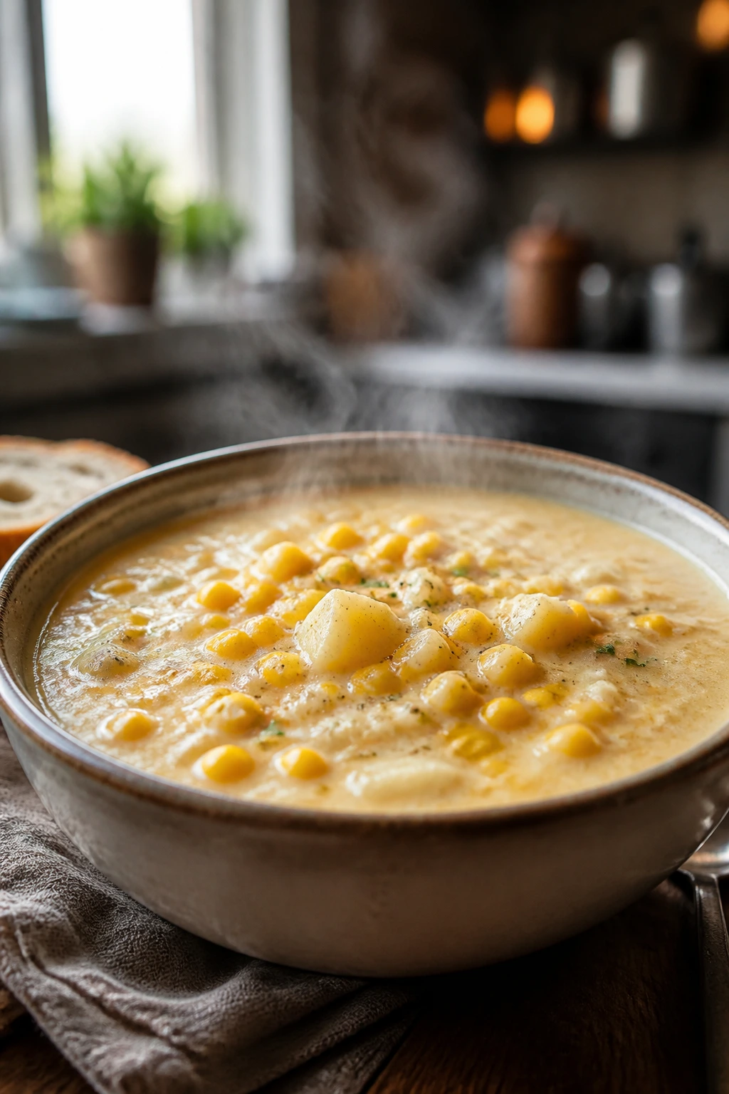 Close-up of creamy corn chowder with corn and potato chunks in a rustic bowl