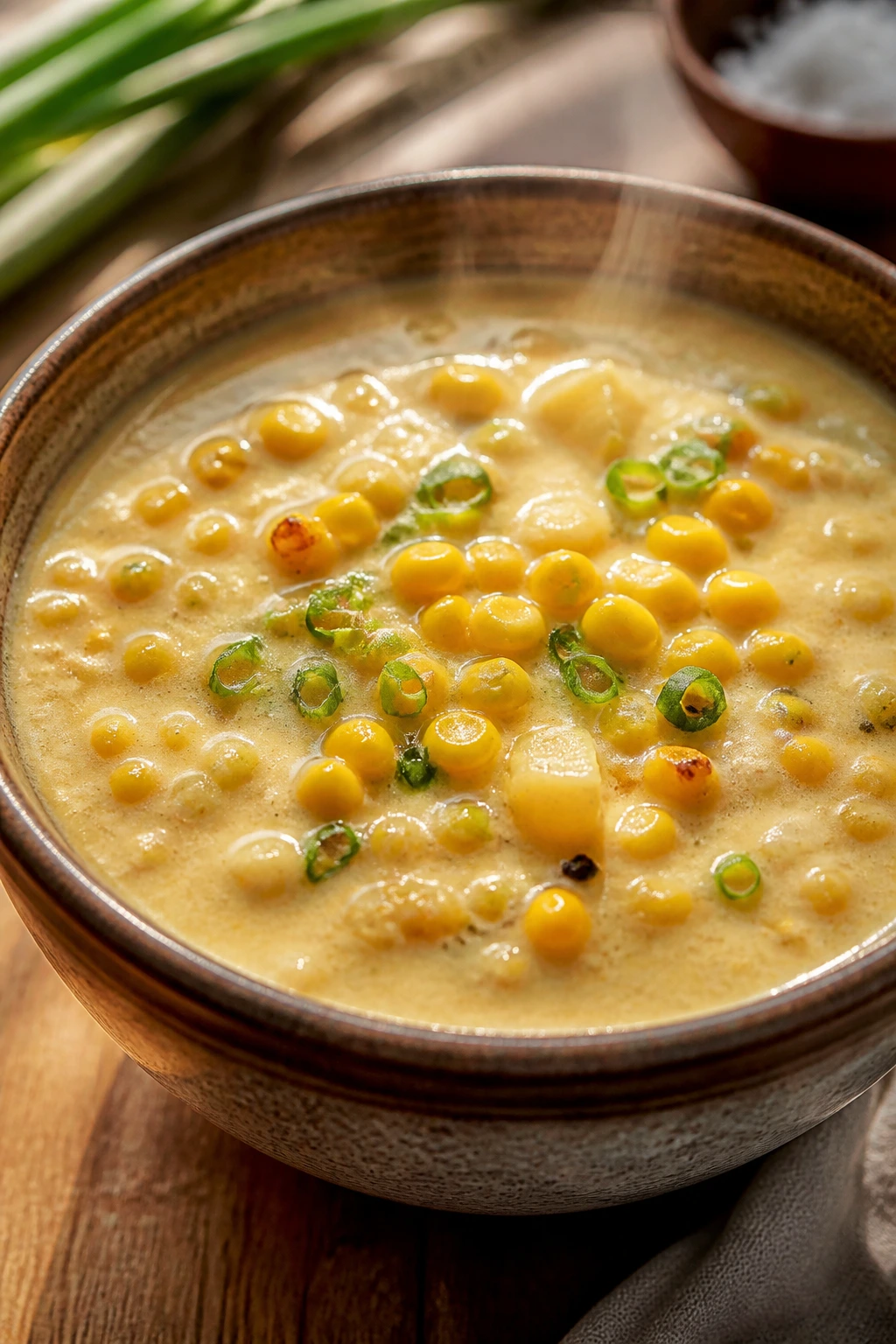 Close-up of corn and coconut chowder in a bowl with corn kernels in creamy broth.