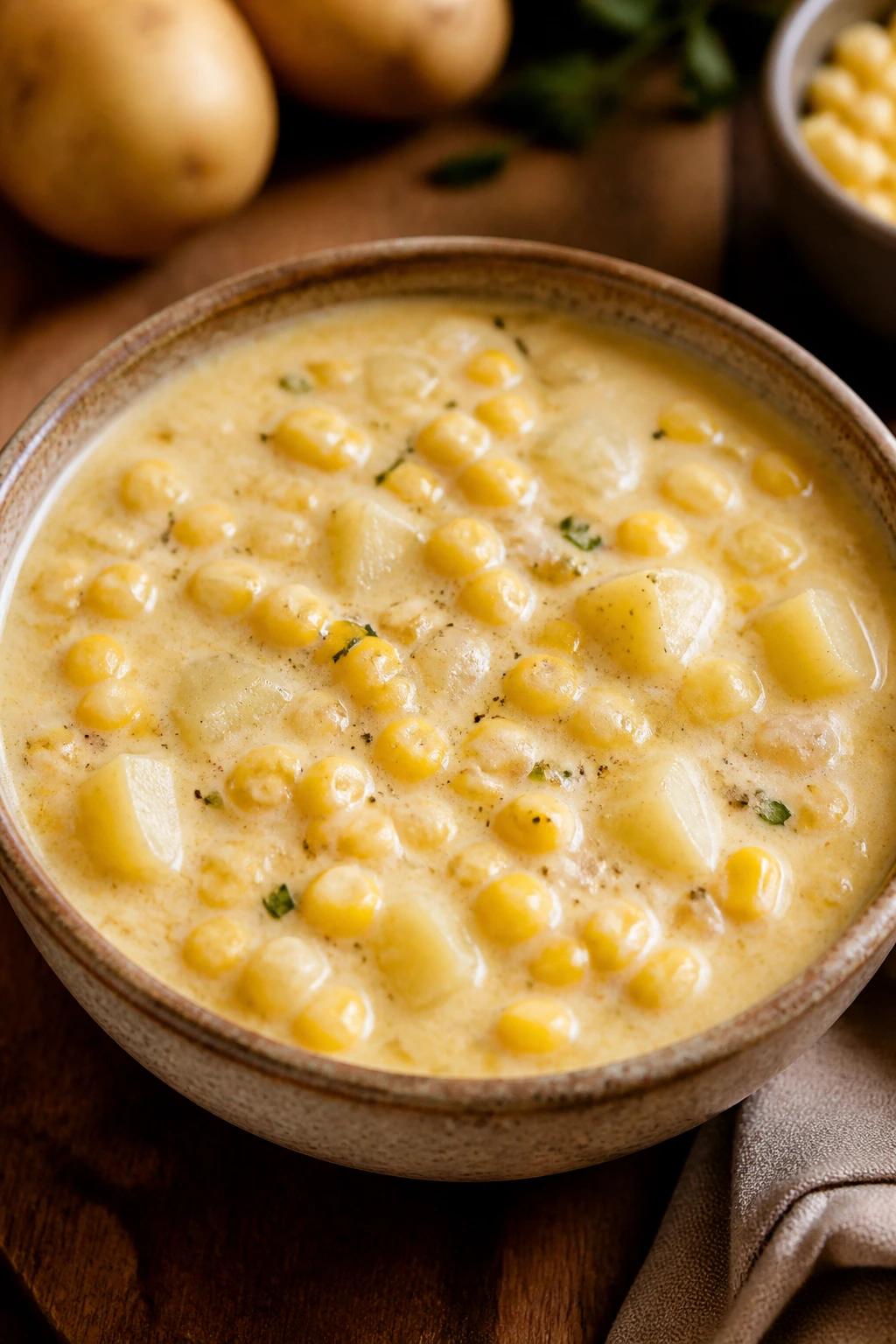 Close-up of thick corn and potato chowder in a rustic bowl