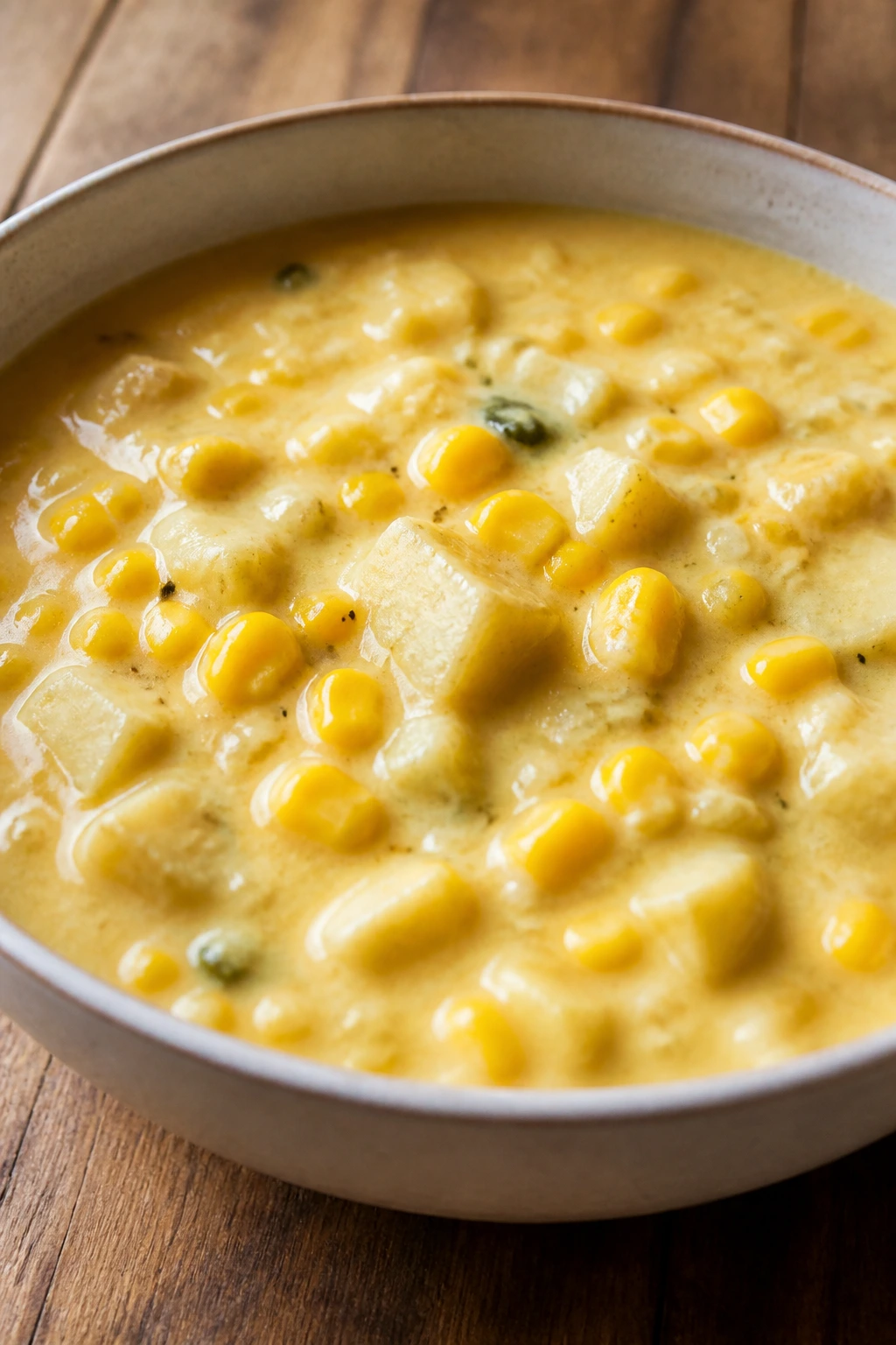 Creamy corn chowder with corn kernels in a bowl