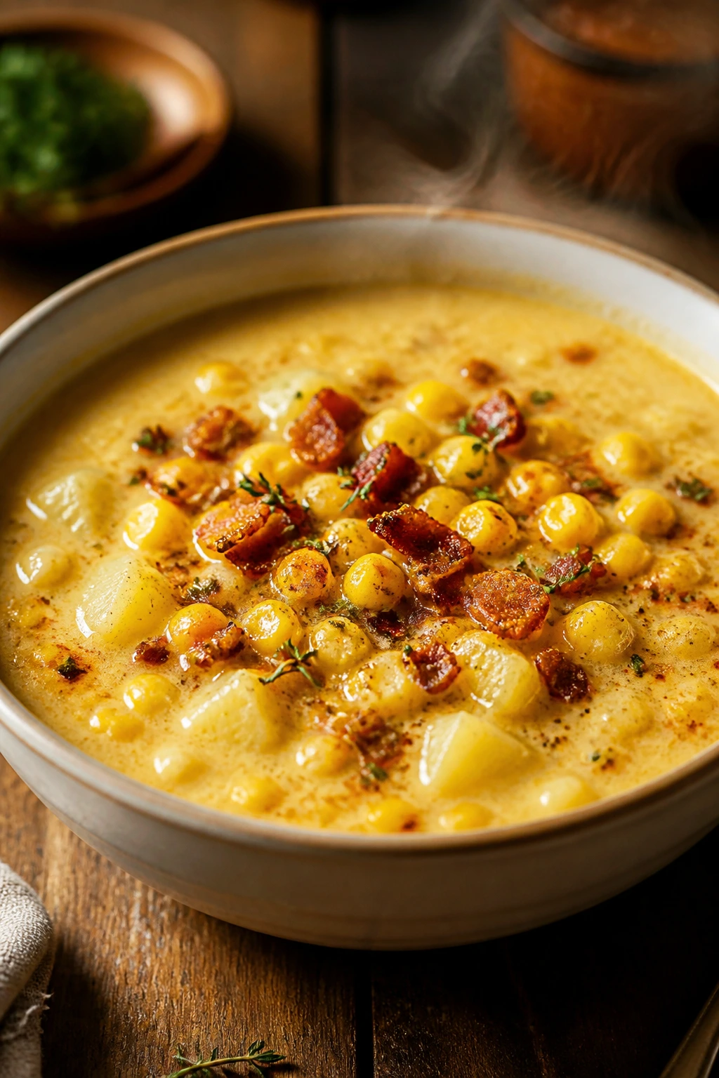 Creamy corn chowder in a bowl with corn kernels.