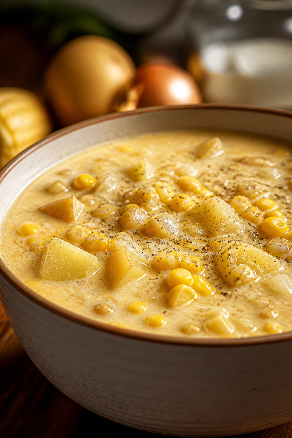 Chowder with visible potatoes and corn in a bowl