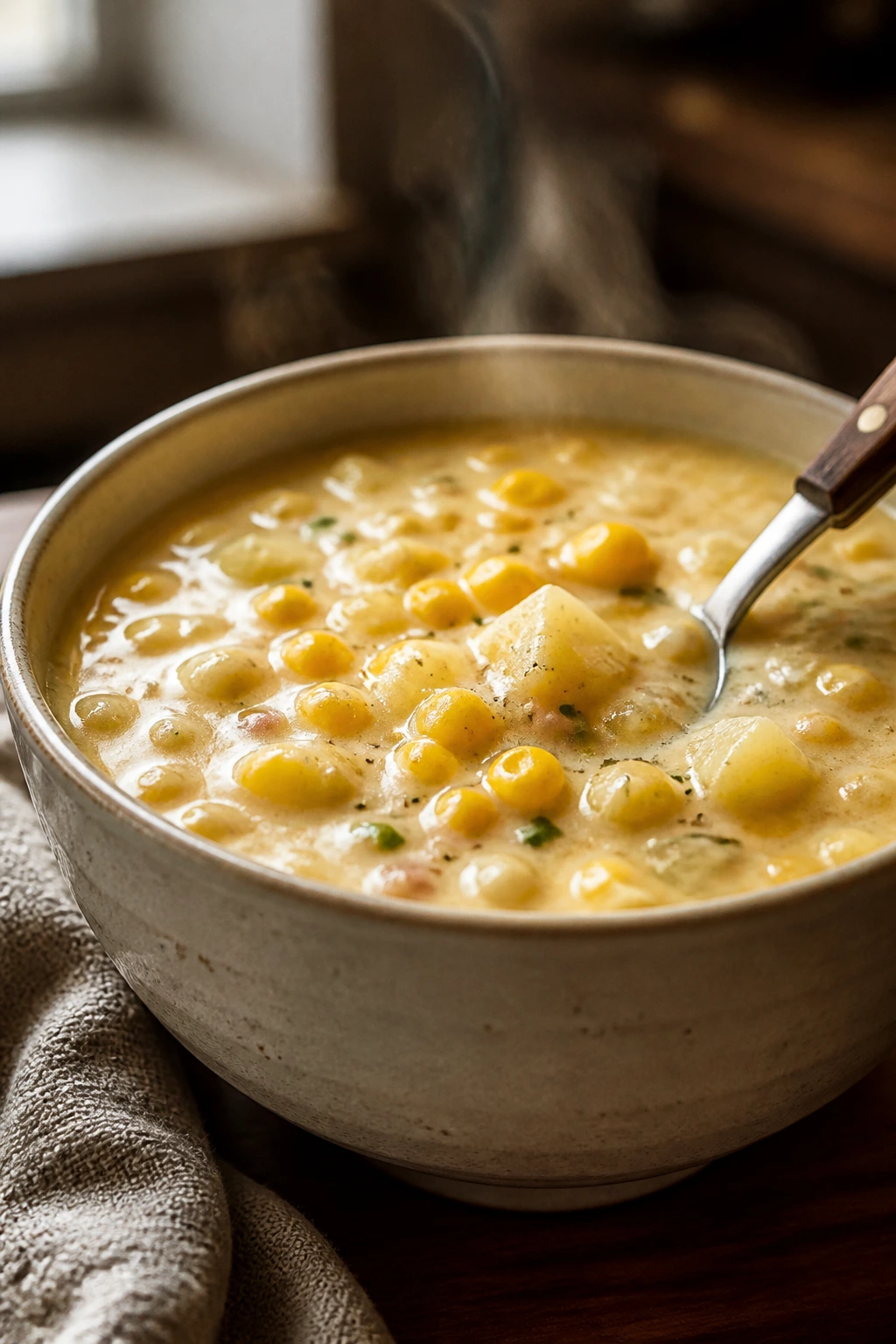 Creamy corn chowder with potatoes and corn in a bowl