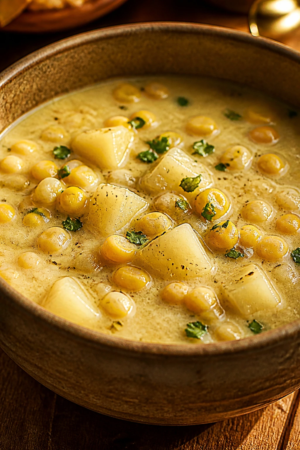 Close-up of creamy corn chowder with potatoes and corn in a rustic bowl