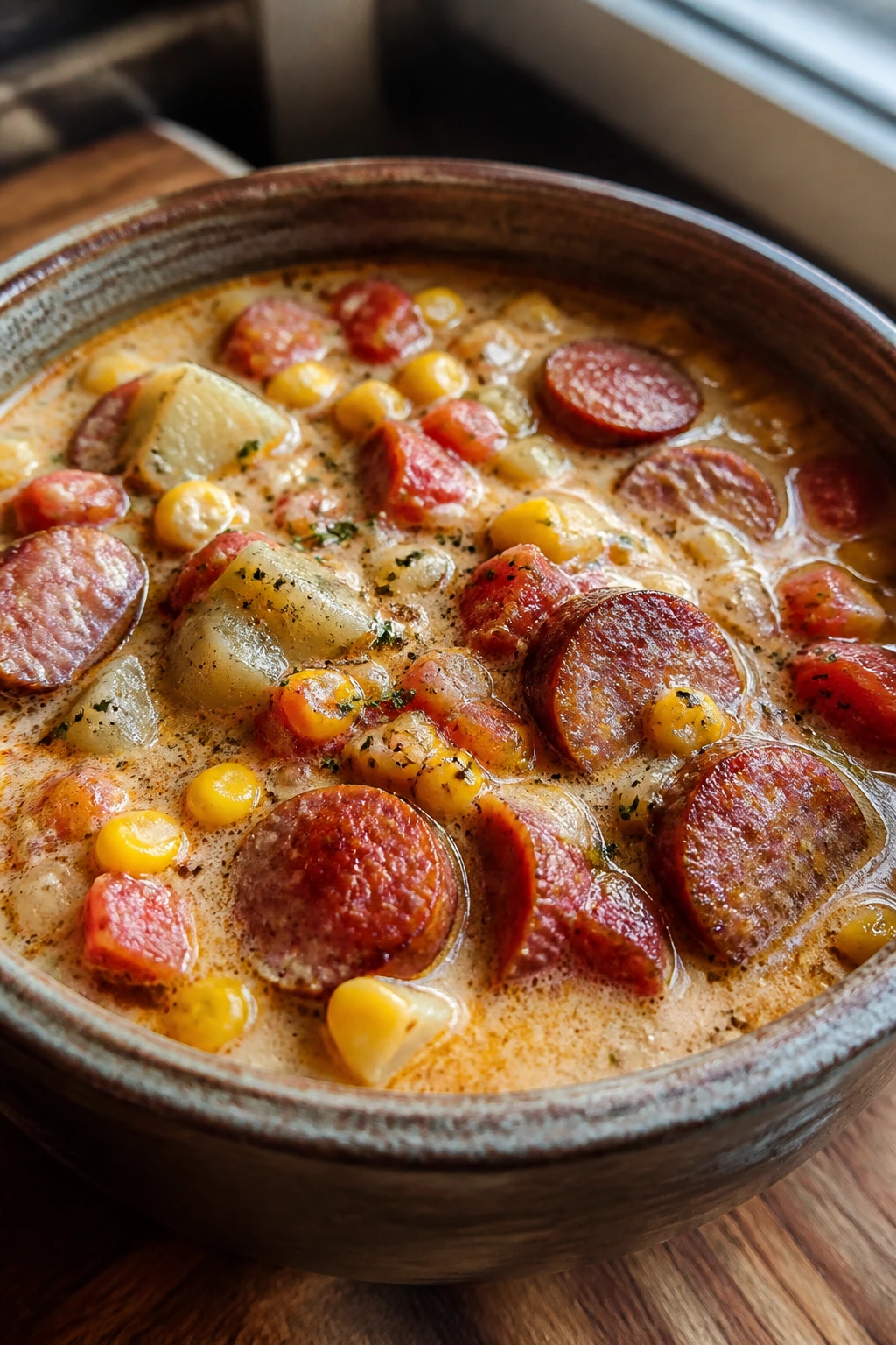 Creamy corn, tomato, and sausage chowder in rustic bowl with sausage chunks and corn.