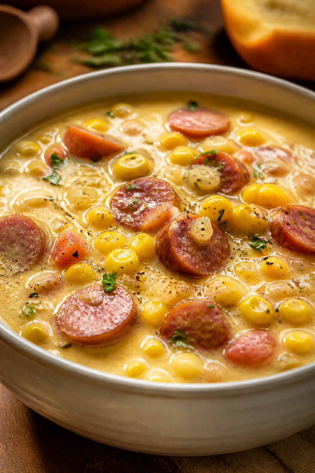 Creamy smoked sausage corn chowder with corn and sausage