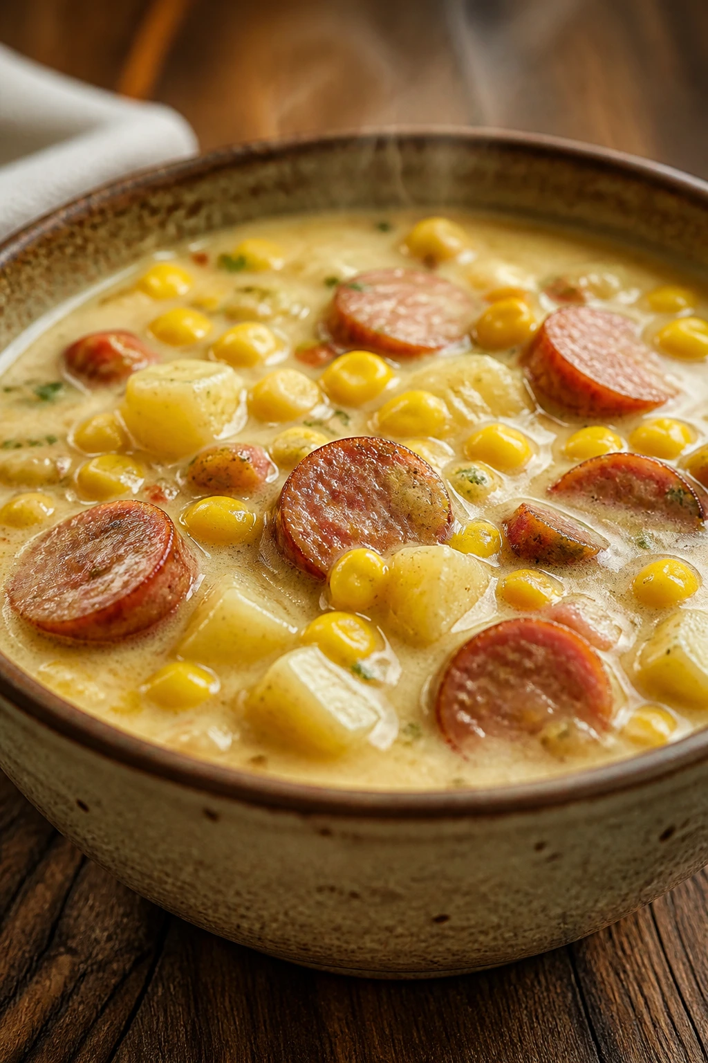 Close-up of creamy corn chowder with smoked sausage in a rustic bowl