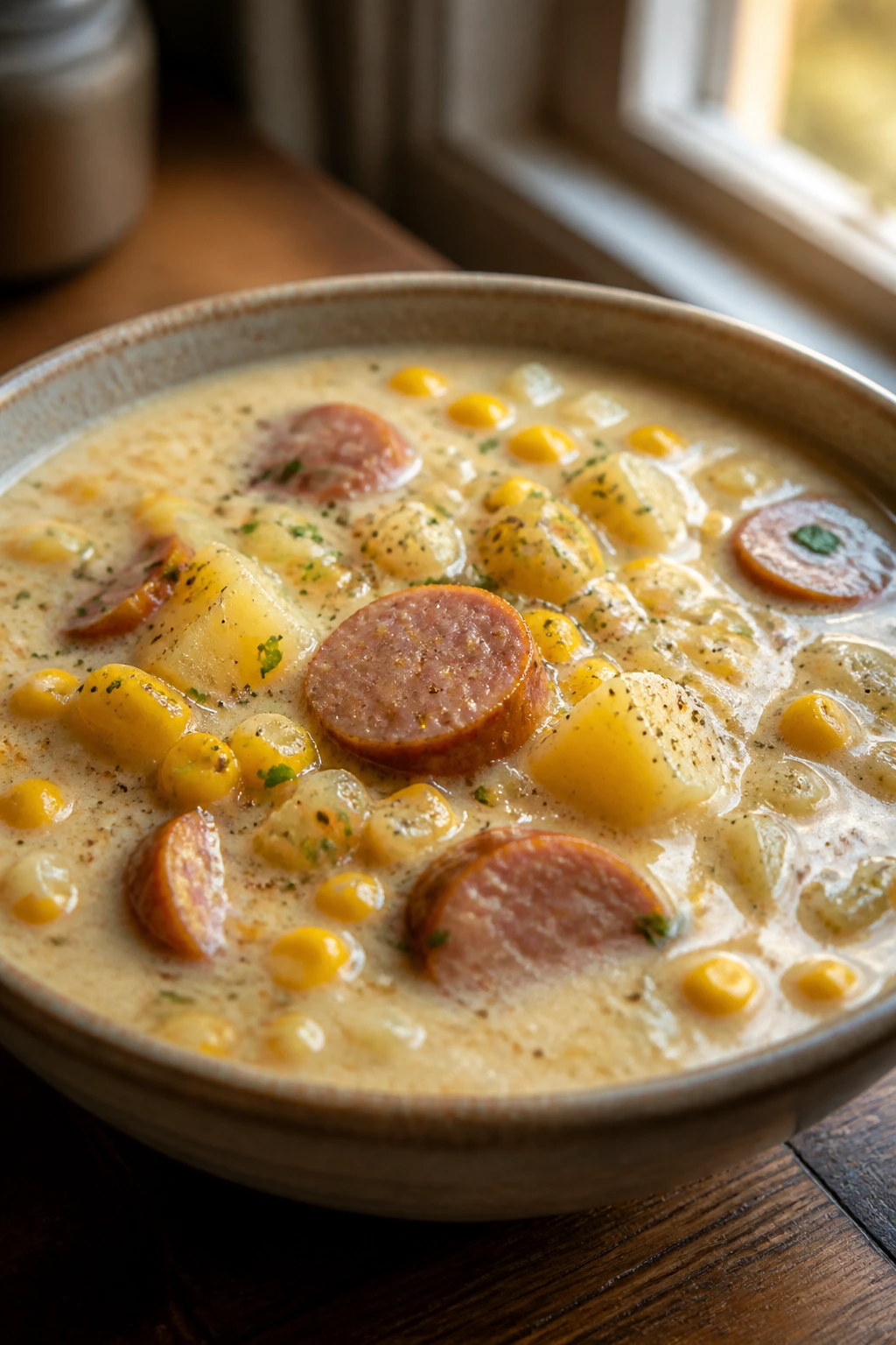 Steaming bowl of smoked sausage corn chowder with corn and potatoes