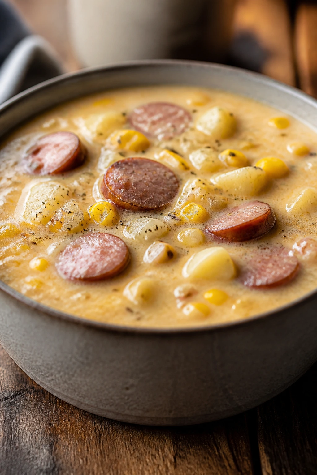 Creamy corn chowder with sausage in a rustic bowl