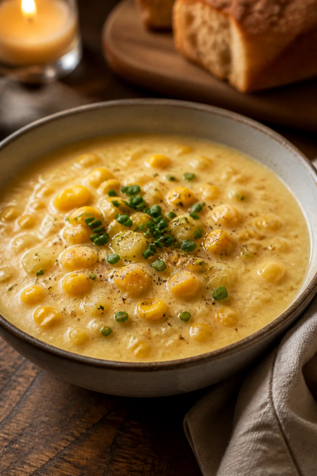Creamy corn chowder in a bowl with chives, ready to serve on a cozy night.