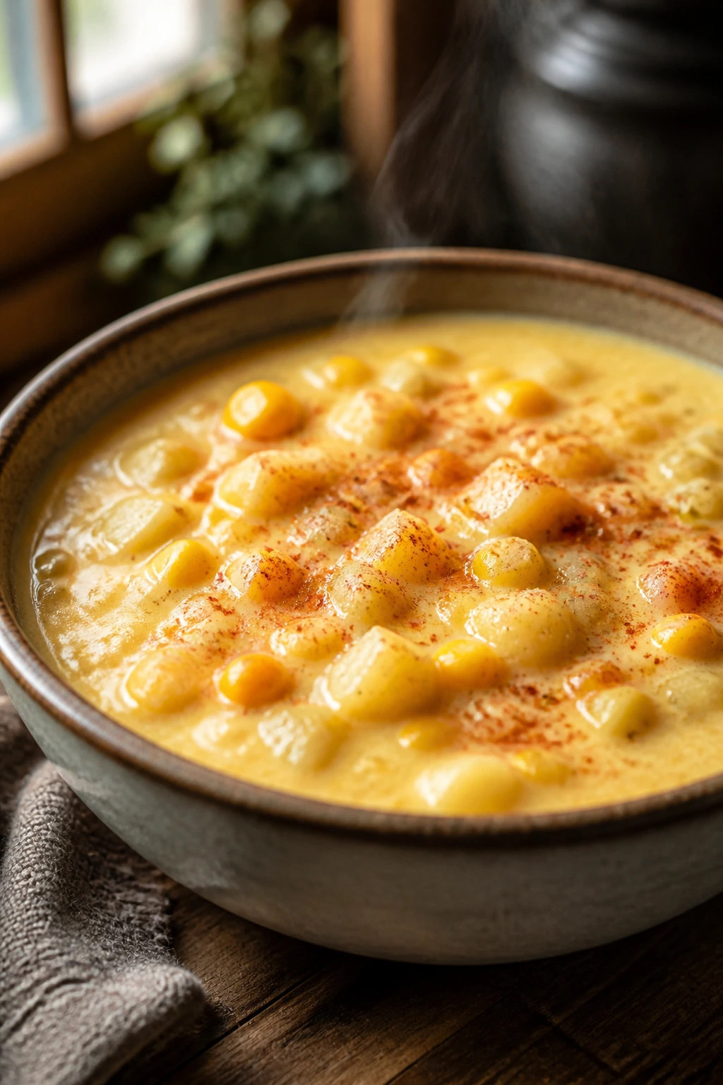 Close-up of corn chowder with potatoes and paprika in a bowl