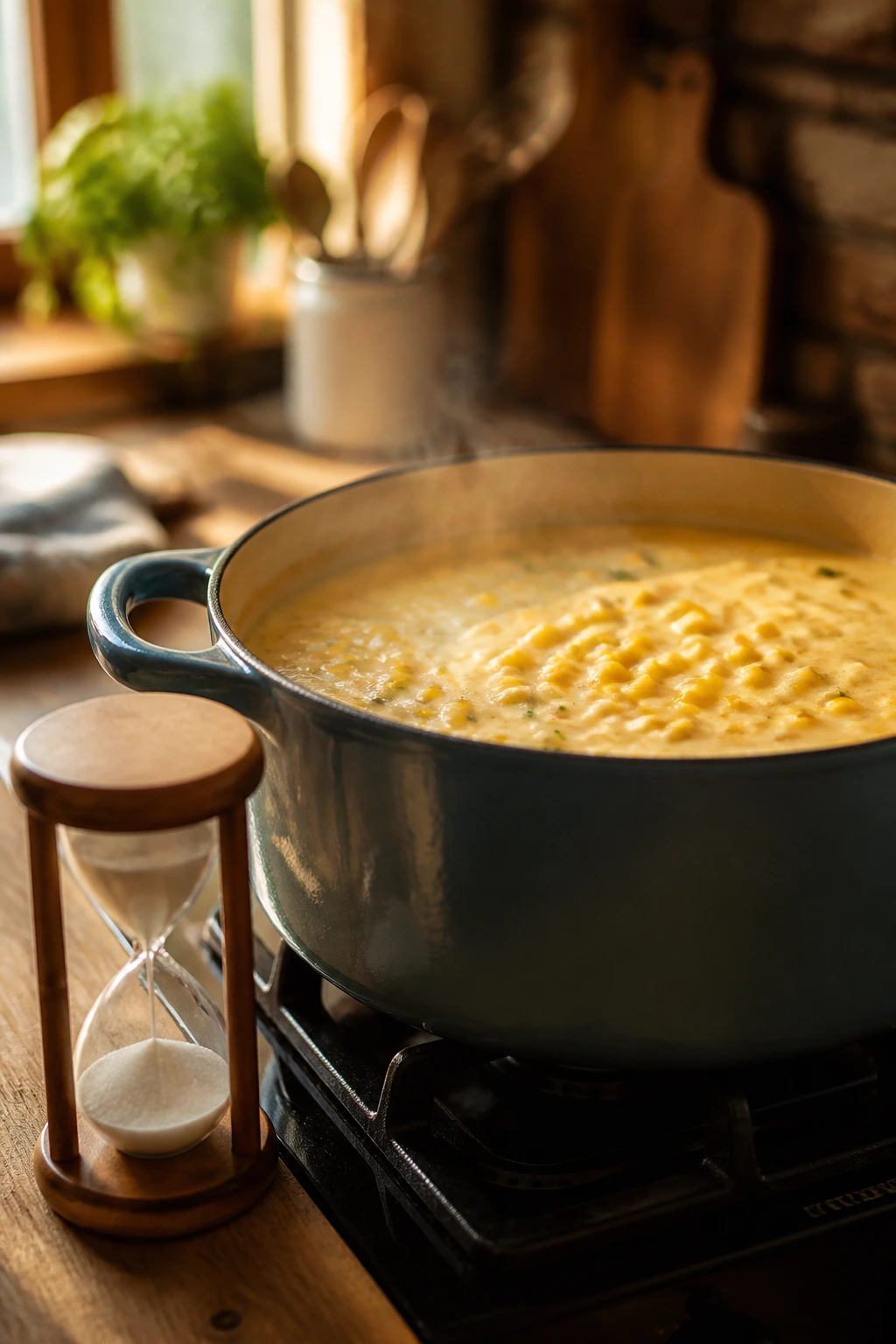 Pot of corn chowder on stove with hourglass to suggest timing