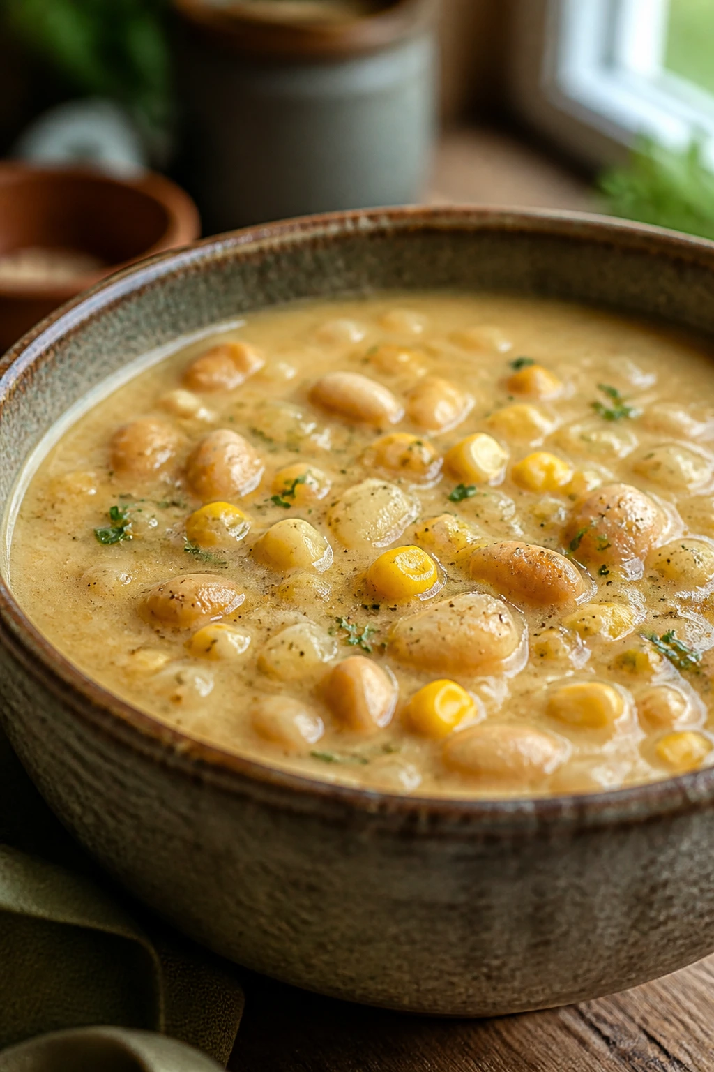 Creamy corn and white bean chowder in a rustic bowl