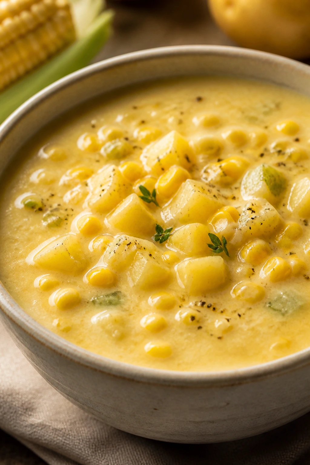 Creamy corn chowder with Yukon Gold potatoes in a bowl