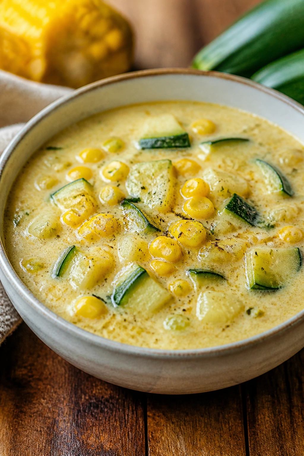Bowl of creamy corn and zucchini chowder with corn and zucchini visible