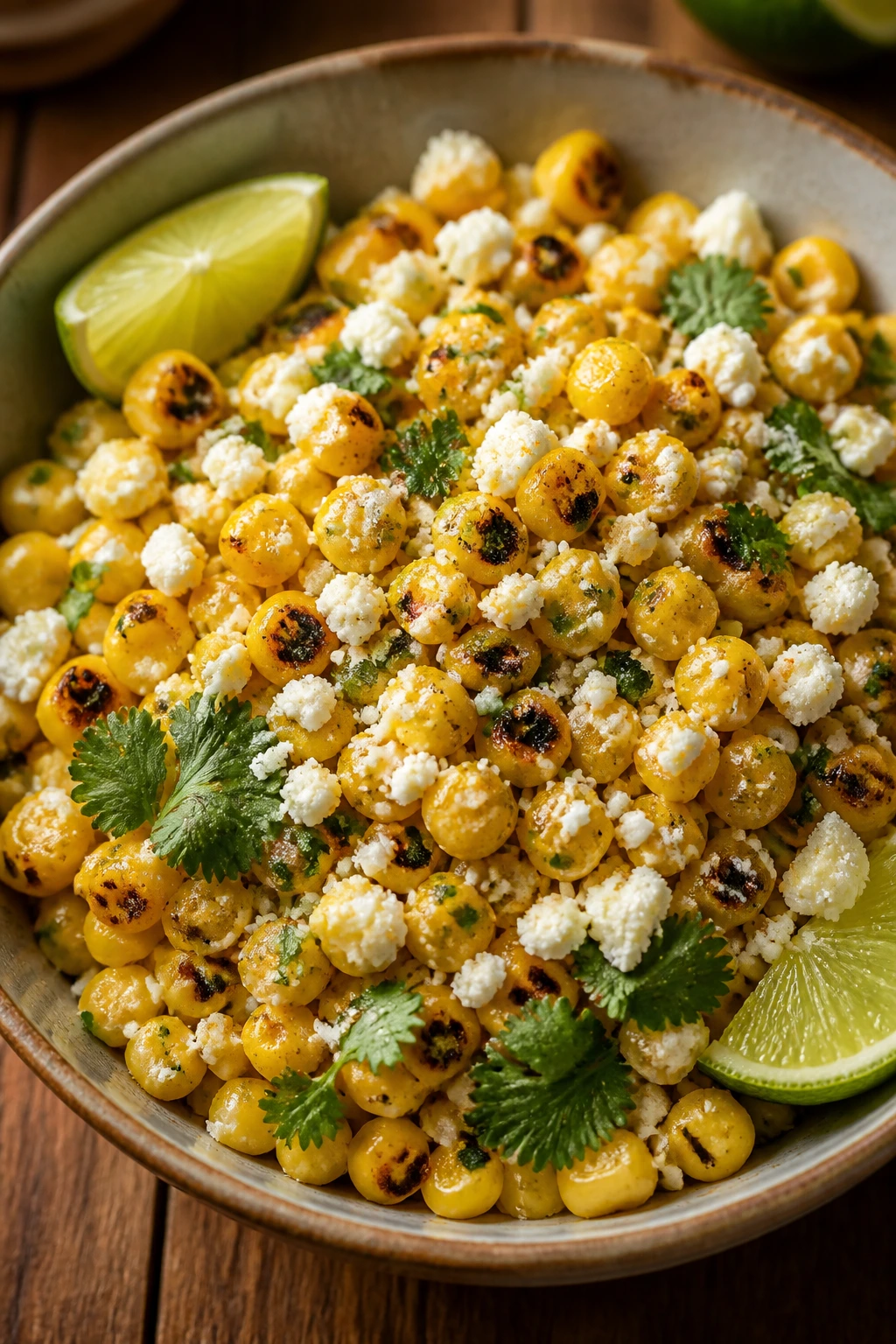 Charred corn salad with cotija in a bowl with cilantro