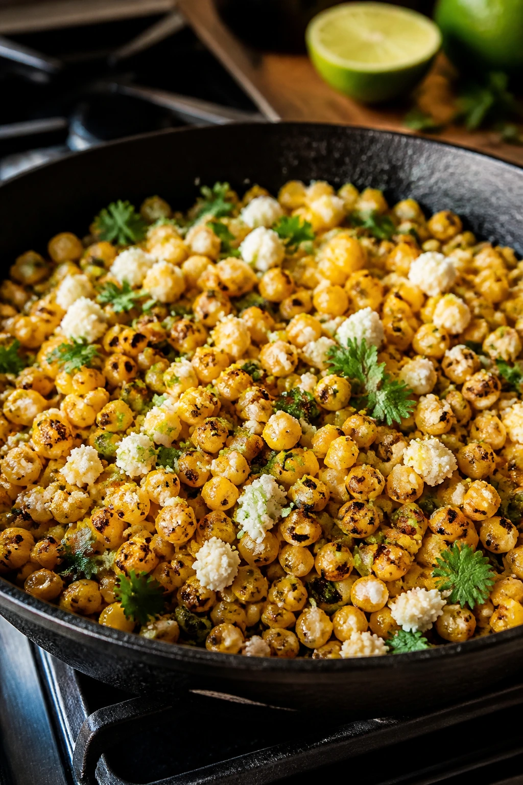Close-up of charred corn with lime and cotija